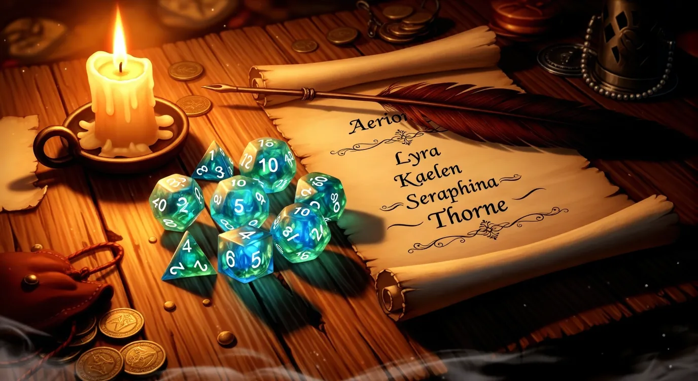 Fantasy character sheet on a wooden table with polyhedral dice and quill, illustrating how to name a D&D character for 5e campaigns.