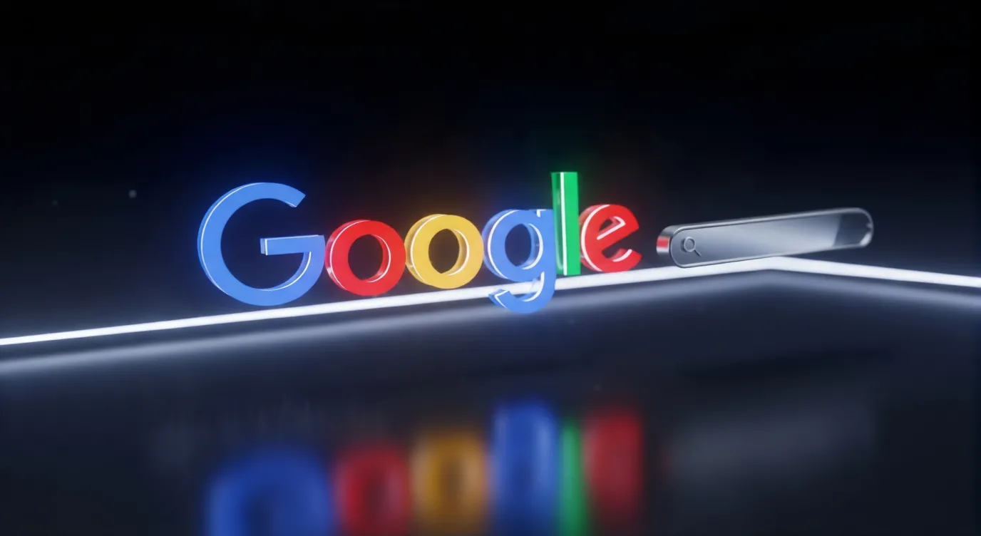 Futuristic 3D illustration of the Google logo in glowing neon glass floating in a dark zero-gravity environment with a metallic search bar.