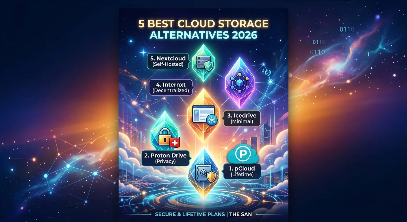 Infographic showing the top 5 cloud storage alternatives for 2026 including pCloud, Proton Drive, Icedrive, Internxt, and Nextcloud by The San.