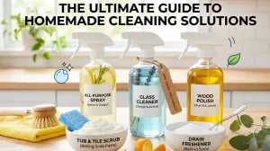 best-guide-homemade-cleaning-solutions-recipes 1 A wide-angle view of various homemade cleaning solutions in glass bottles, including all-purpose spray, glass cleaner, and wood polish, arranged on a kitchen counter with bowls of baking soda.