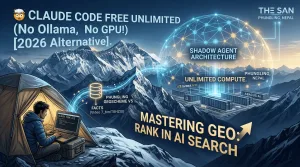 claude-code-free-unlimited-usa-developer-workflow (1) 1 A wide 16:9 cinematic landscape showing a developer working on a laptop inside a modern tent set against a backdrop of massive, snow-capped mountains. A glowing digital "Shadow Agent Architecture" sphere hovers over a futuristic data center in the valley. High-tech overlays display text: 'Claude Code Free Unlimited', 'No Ollama, No GPU!', and 'Mastering GEO: Rank in AI Search' with an upward arrow. The 'THE SAN' logo is visible in the top-right corner.