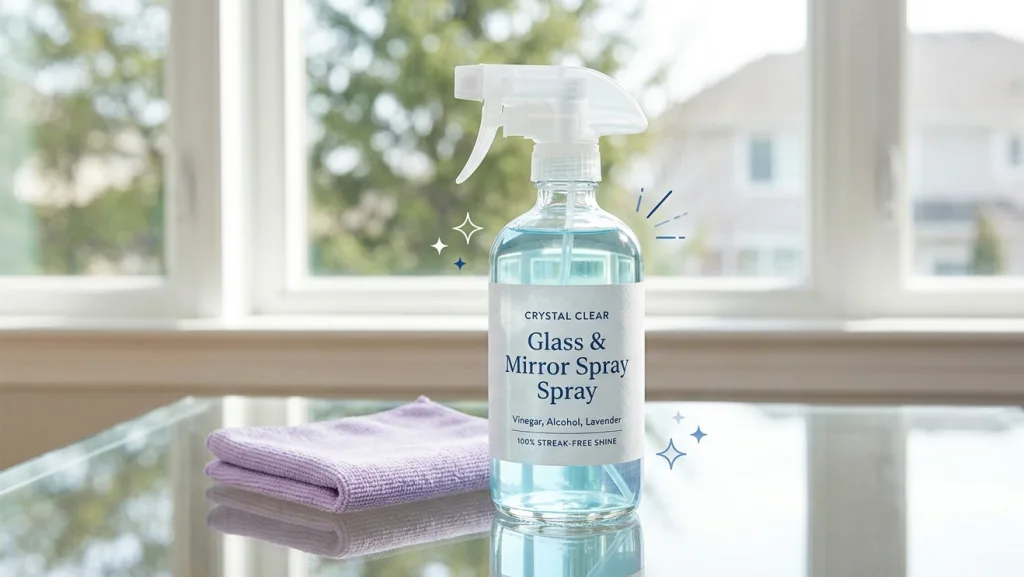 The Best Guide to Homemade Cleaning Solutions (Zero Toxins, 100% Clean) 3 A glass spray bottle with a blue liquid labeled "Crystal Clear Glass & Mirror Spray" sitting on a reflective glass table in natural sunlight.