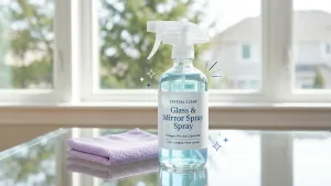 crystal-clear-homemade-glass-and-mirror-cleaner-spray 1 A glass spray bottle with a blue liquid labeled "Crystal Clear Glass & Mirror Spray" sitting on a reflective glass table in natural sunlight.