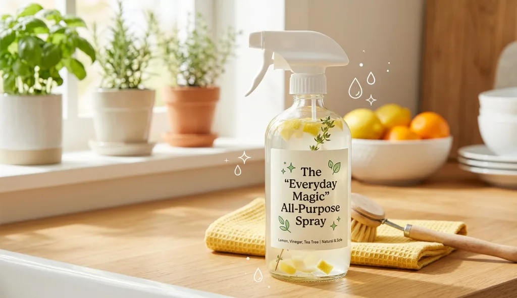 The Best Guide to Homemade Cleaning Solutions (Zero Toxins, 100% Clean) 2 A glass spray bottle labeled "Everyday Magic All-Purpose Spray" containing lemon slices and herbs, sitting on a clean wooden kitchen counter with natural sunlight.