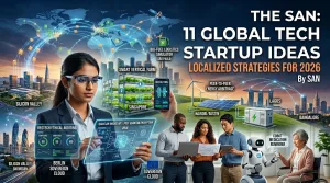 global-tech-startup-trends-2026-the-san 1 A futuristic composite image featuring an AI analyst in Silicon Valley, a smart vertical farm in Singapore, and renewable energy grids, representing 11 global tech startup ideas for 2026.