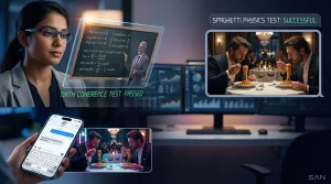 google-gemini-omni-ai-video-leak-the-san 1 A high-resolution, ultra-realistic visual concept showing a sophisticated holographic video editing interface inside a chat application, representing the unreleased Google Gemini Omni AI model, set against a dark, tech-focused background.