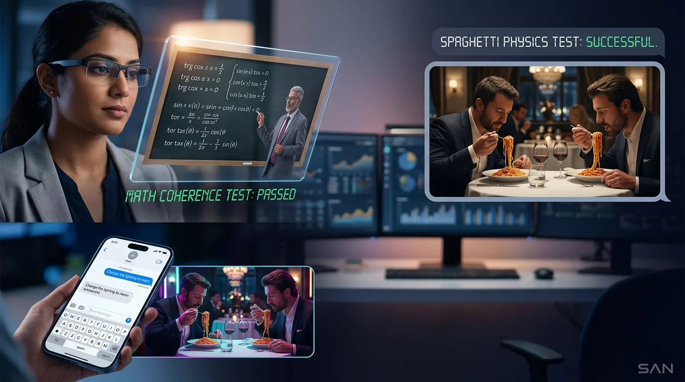 A high-resolution, ultra-realistic visual concept showing a sophisticated holographic video editing interface inside a chat application, representing the unreleased Google Gemini Omni AI model, set against a dark, tech-focused background.