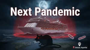 hantavirus-outbreak-cruise-ship-2026-global-maritime-mystery 1 A wide cinematic 16:9 thumbnail showing a luxury cruise ship quarantined in dark, foggy waters with a red glowing ring around it. Overlaid text reads 'Deadly Hantavirus Outbreak Strikes Cruise Ship'. In the foreground, a dark silhouette of a rat is visible over a world map, with a GPS pin pointing to Ushuaia, Argentina