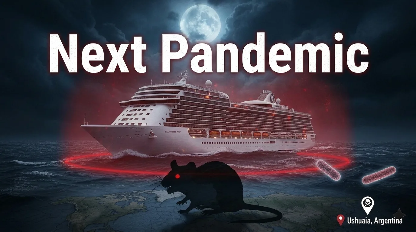 A wide cinematic 16:9 thumbnail showing a luxury cruise ship quarantined in dark, foggy waters with a red glowing ring around it. Overlaid text reads 'Deadly Hantavirus Outbreak Strikes Cruise Ship'. In the foreground, a dark silhouette of a rat is visible over a world map, with a GPS pin pointing to Ushuaia, Argentina