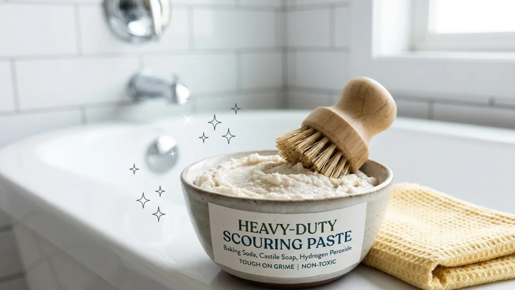 The Best Guide to Homemade Cleaning Solutions (Zero Toxins, 100% Clean) 4 A close-up view of a ceramic bowl labeled "Heavy-Duty Scouring Paste" containing a thick white abrasive cleaning paste, with a scrub brush and a yellow microfiber cloth in a bathroom.