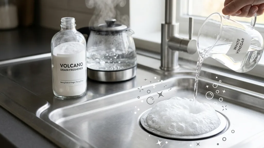 The Best Guide to Homemade Cleaning Solutions (Zero Toxins, 100% Clean) 6 A dynamic close-up photograph capturing the fizzing, bubbly chemical reaction of the baking soda and vinegar "Volcano" Drain Freshener inside a stainless steel kitchen sink drain.
