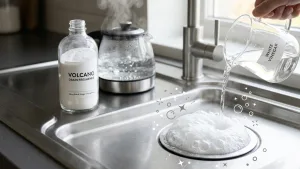 homemade-volcano-drain-freshener-baking-soda-vinegar 1 A dynamic close-up photograph capturing the fizzing, bubbly chemical reaction of the baking soda and vinegar "Volcano" Drain Freshener inside a stainless steel kitchen sink drain.