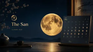 lunar-age-calculator-traditional-reckoning-the-san 1 The San Lunar Age Calculator featuring a golden moon, traditional Zen tea set, and a digital lunar phase calendar.