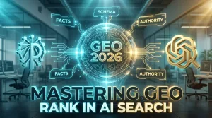 mastering-generative-engine-optimization-2026-guide 1 A wide cinematic 16:9 thumbnail showing a central glowing "GEO 2026" core with Perplexity and ChatGPT logos, surrounded by digital labels for Facts, Schema, and Authority.