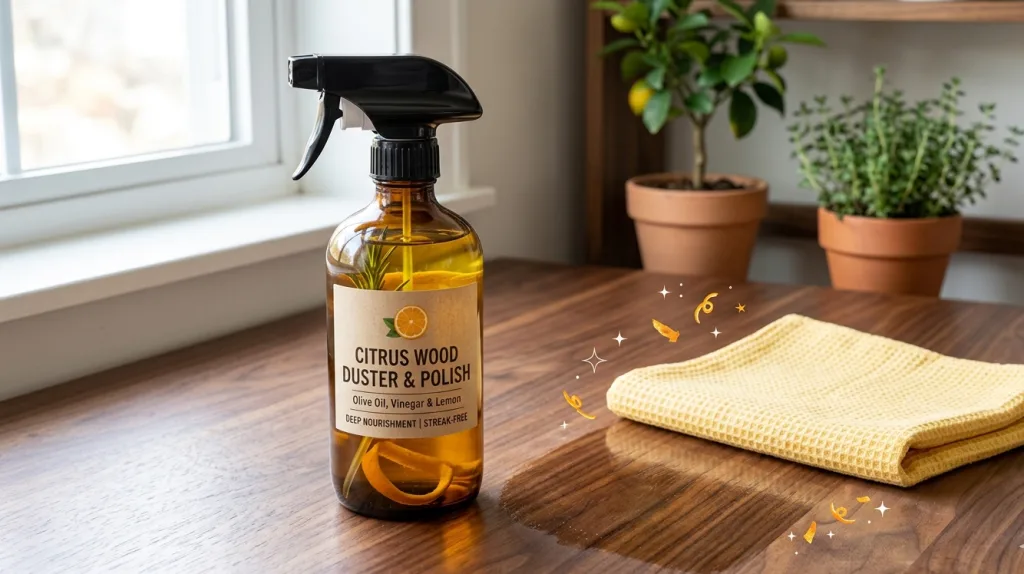The Best Guide to Homemade Cleaning Solutions (Zero Toxins, 100% Clean) 5 An amber glass spray bottle labeled "Citrus Wood Duster & Polish" containing olive oil and lemon peels, sitting on a polished walnut wooden table next to a yellow cloth.
