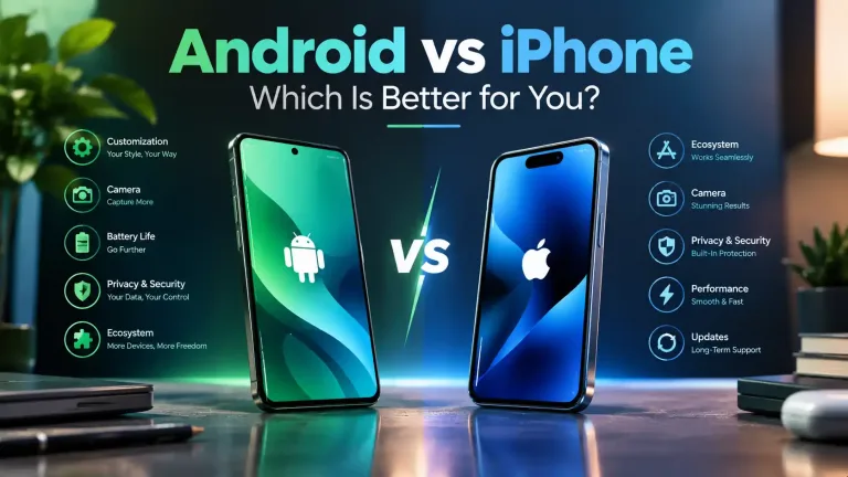 Android vs iPhone comparison showing smartphones and key differences