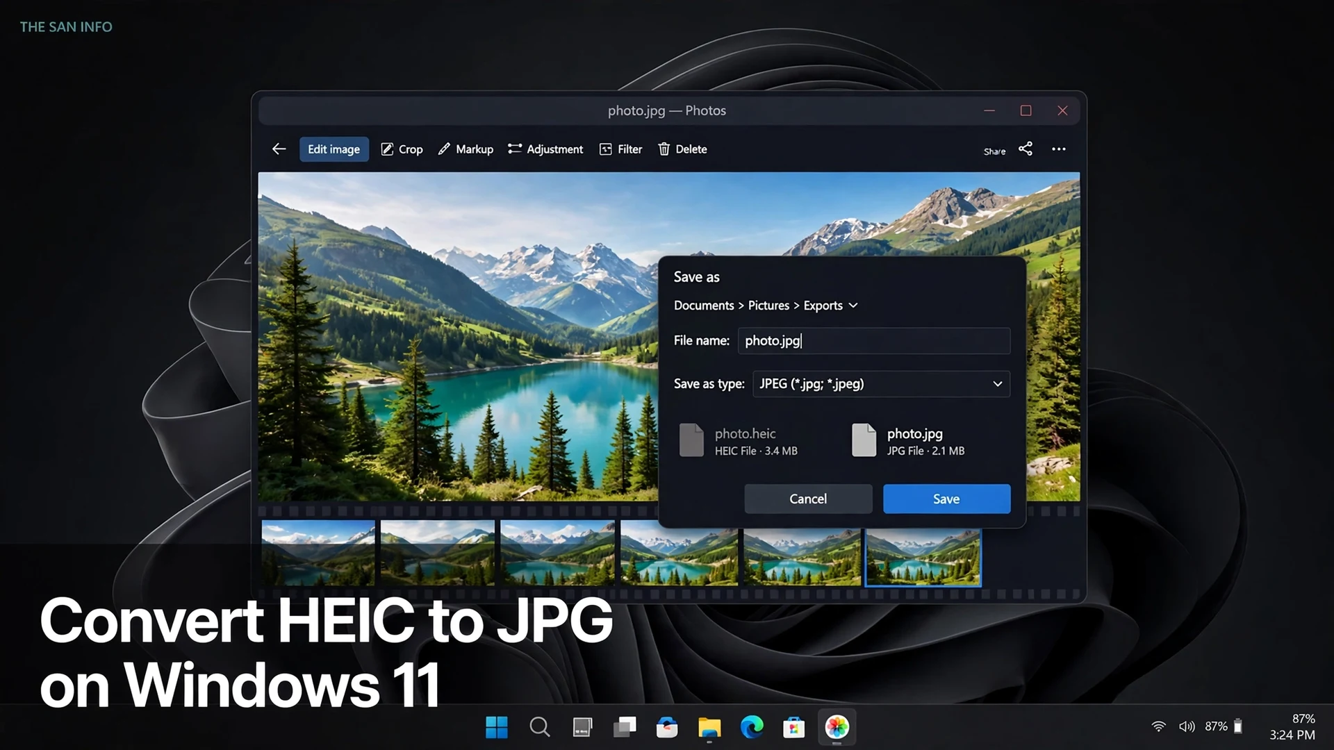 Windows 11 Photos app converting an HEIC photo to JPG with the Save as dialog open