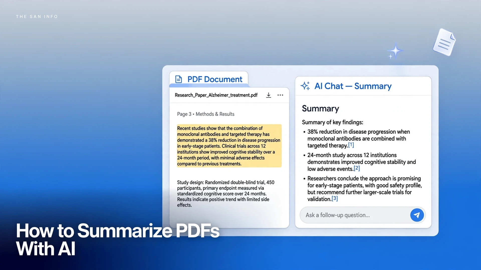 NotebookLM-style AI chat interface summarizing a PDF document with cited key findings