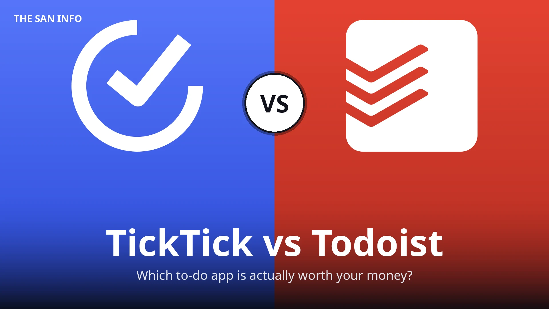 TickTick vs Todoist comparison — TickTick logo on blue and Todoist logo on red with a VS badge